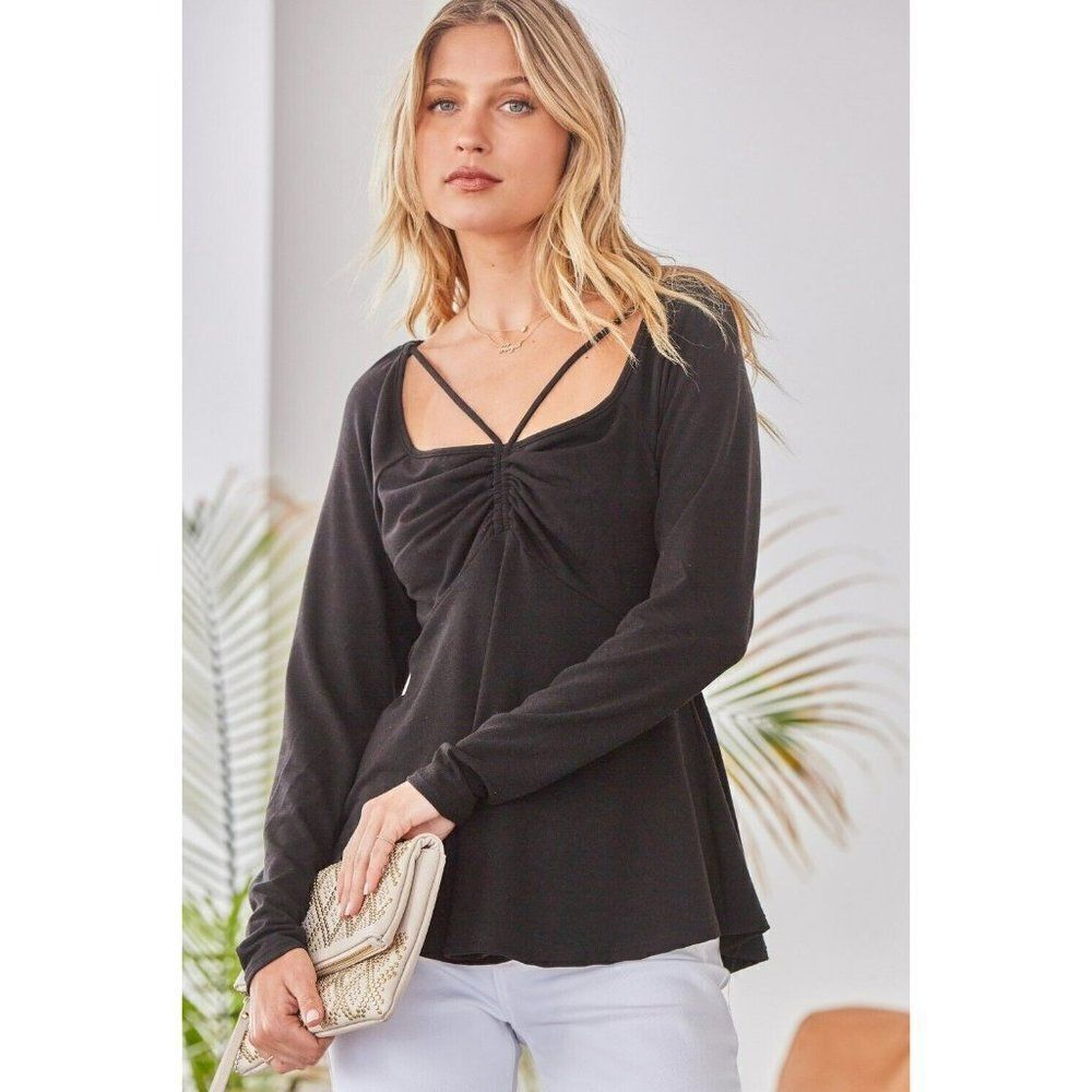 SALE! Andree By Unit Knit Ruched Criss Cross Top in Black Blouse New S-L T1360